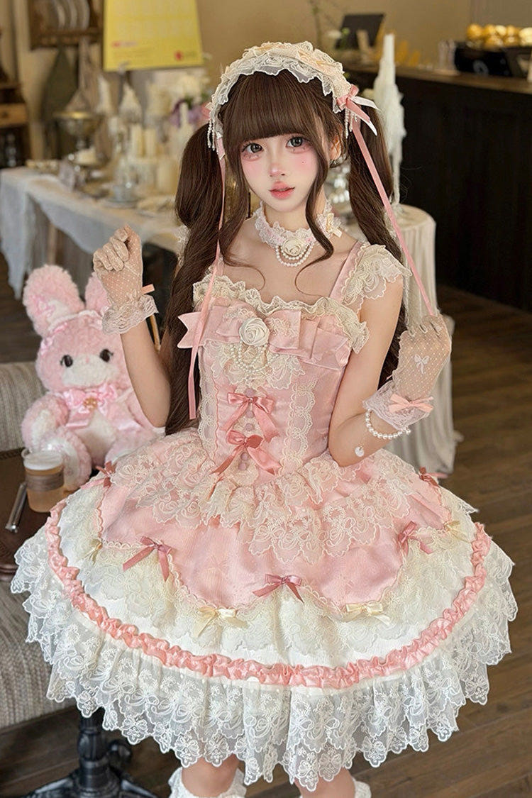 Pink [Rose Feather Romance] Square Collar Ruffled Bow Lace Ballet Sweet Lolita Jsk Dress - Pink - 1