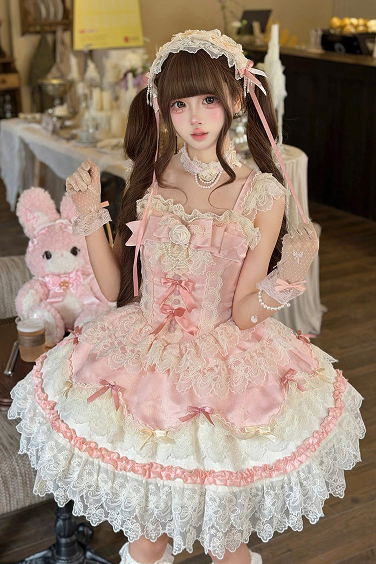 Pink [Rose Feather Romance] Square Collar Ruffled Bow Lace Ballet Sweet Lolita Jsk Dress - Pink - 1