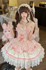 Pink [Rose Feather Romance] Square Collar Ruffled Bow Lace Ballet Sweet Lolita Jsk Dress - Pink - 1