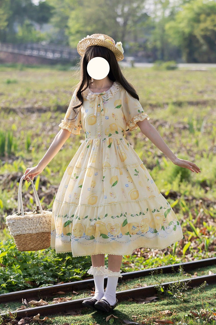 Yellow [Lemon Chicken] Short Sleeves Print Ruffle Bowknot Lace Daily Sweet Lolita Dress - Product - 2