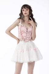 White Women's Gothic Lolita Bowknot Multi-Layered Lace Trim Mini Skirt - Product - 5
