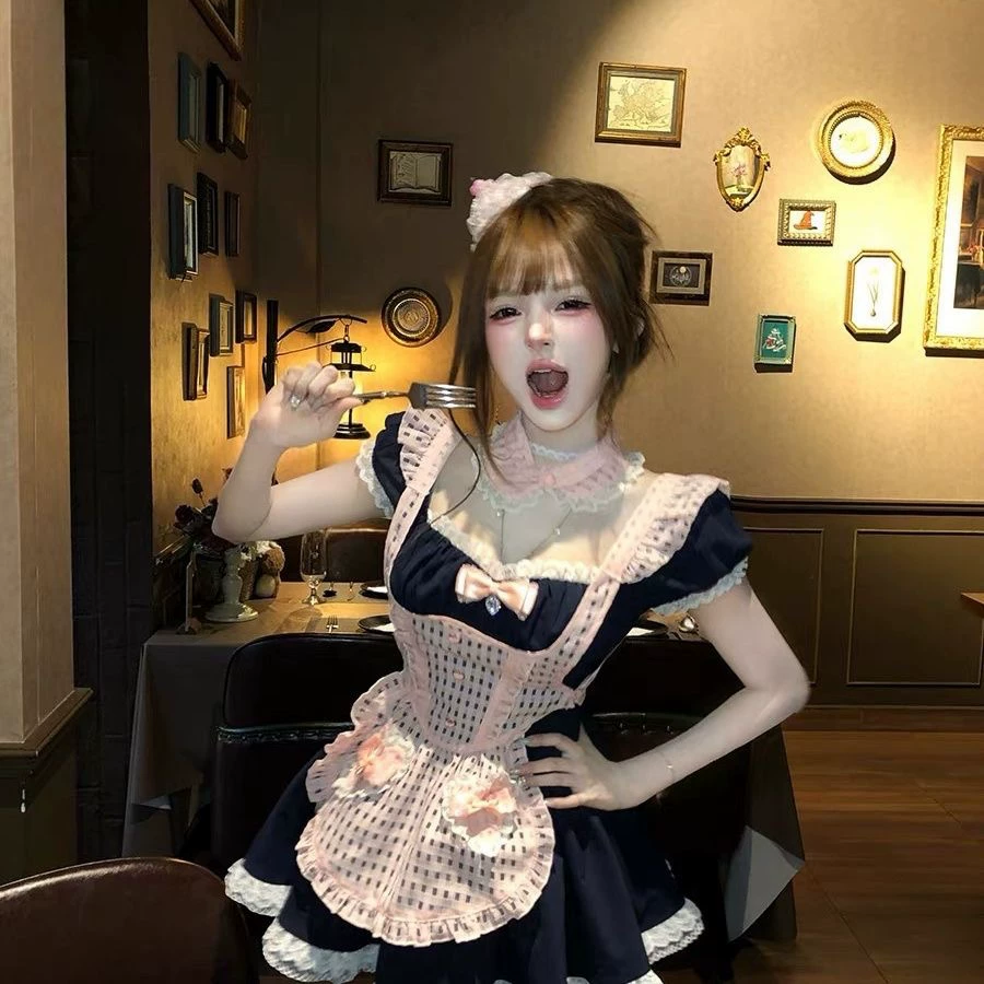 Pink and Black Plaid Maid Lolita Dress with Apron Bow Accent - view 3