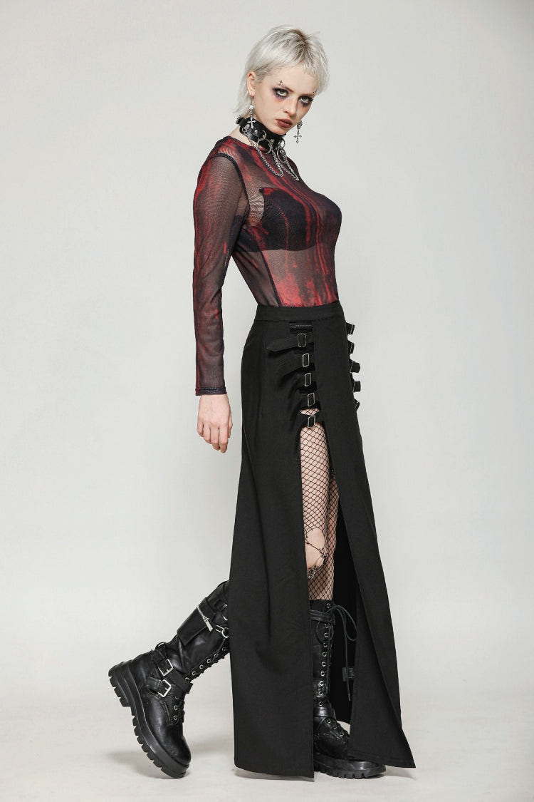 Black Buckled Zippered Women's Punk Side Slit Long Skirt - Product - 2