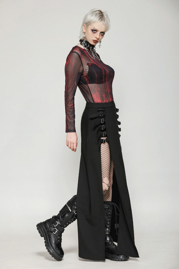 Black Buckled Zippered Women's Punk Side Slit Long Skirt - Product - 2