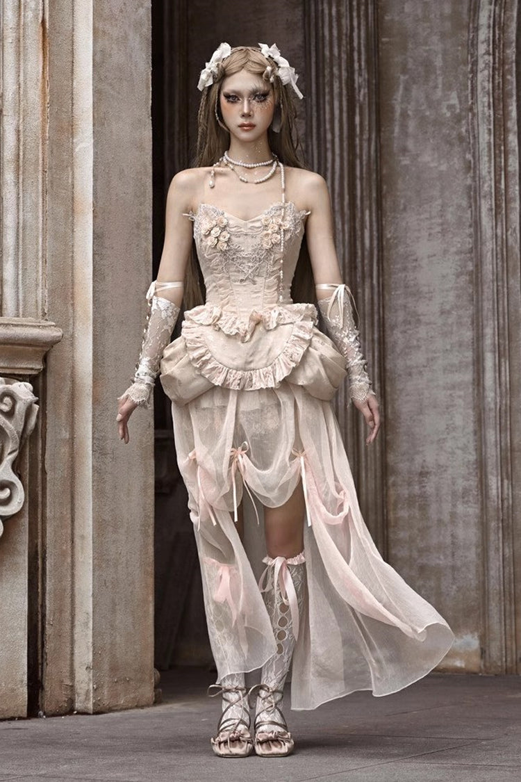 Apricot V Collar Sleeveless High Waisted Ruffle Embroidery Lace Fishbone Gothic Lolita Corset Skirt Set - Product - 10