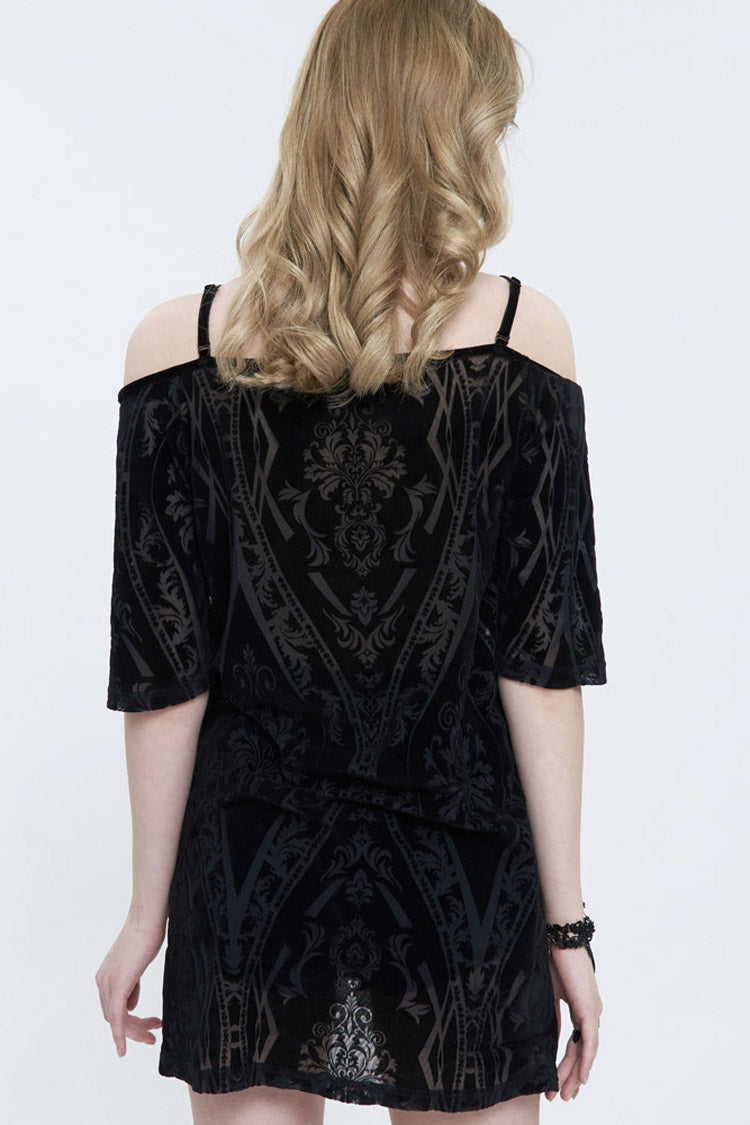 Black Print Front Long Back Side Slit Off The Shoulder Women's Punk Dress - Product - 4