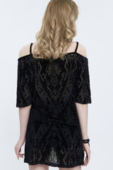 Black Print Front Long Back Side Slit Off The Shoulder Women's Punk Dress - Product - 4