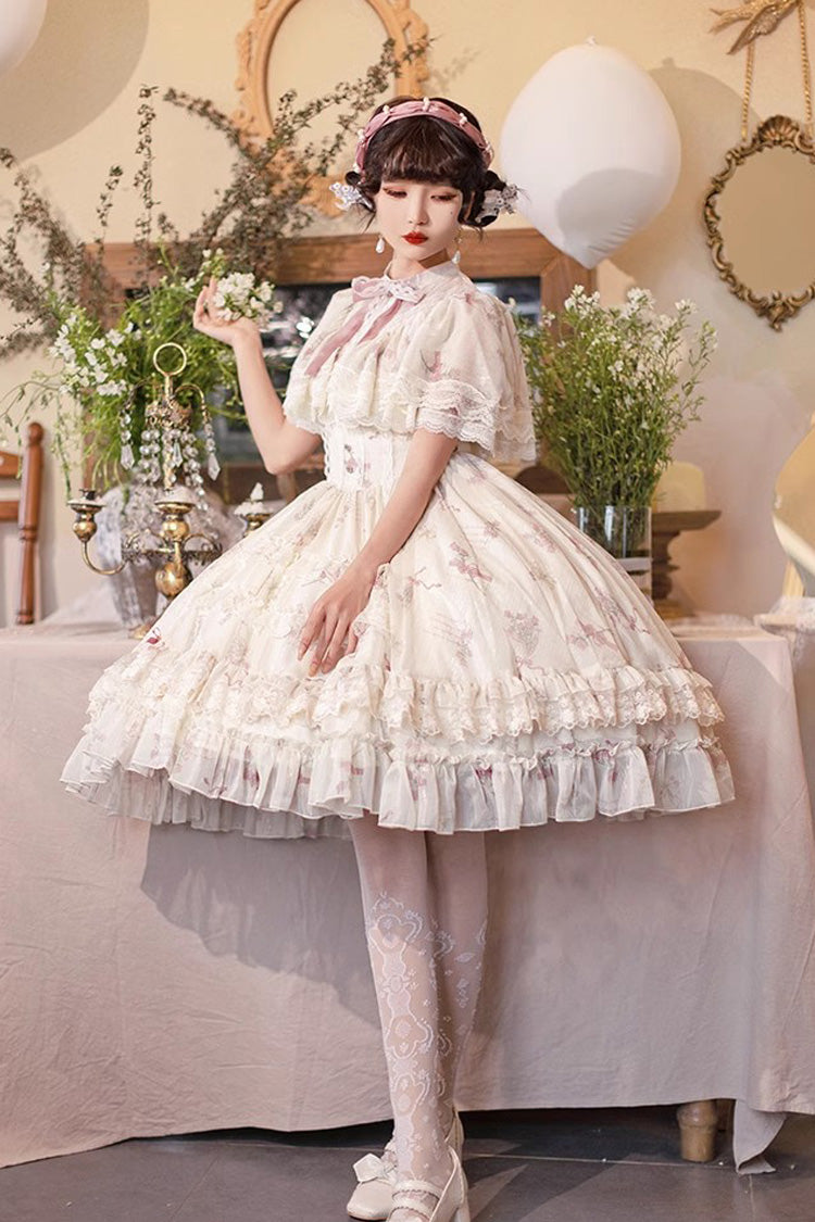 Multi-Color Bellflower Print Ruffle Lace Sweet Princess Lolita Dress - Product - 7