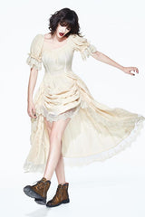 Creamy White Punk Victoria Vintage Drawstring Embroidered Lace Womens Dress - Product - 3