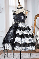 Black/White Vampire Diaries Cross Print Contrast Stitching Multi-Layer Ruffled Gothic Lolita Jsk Dress - Product - 5