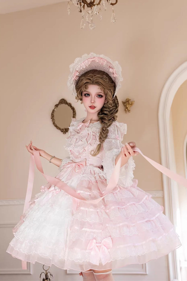 Pink [Cherry Blossom Letter] Sleeveless Multi-Layered Ruffled Embroidered Open-Front Bow Gorgeous Sweet Lolita Jsk Dress - Product - 4