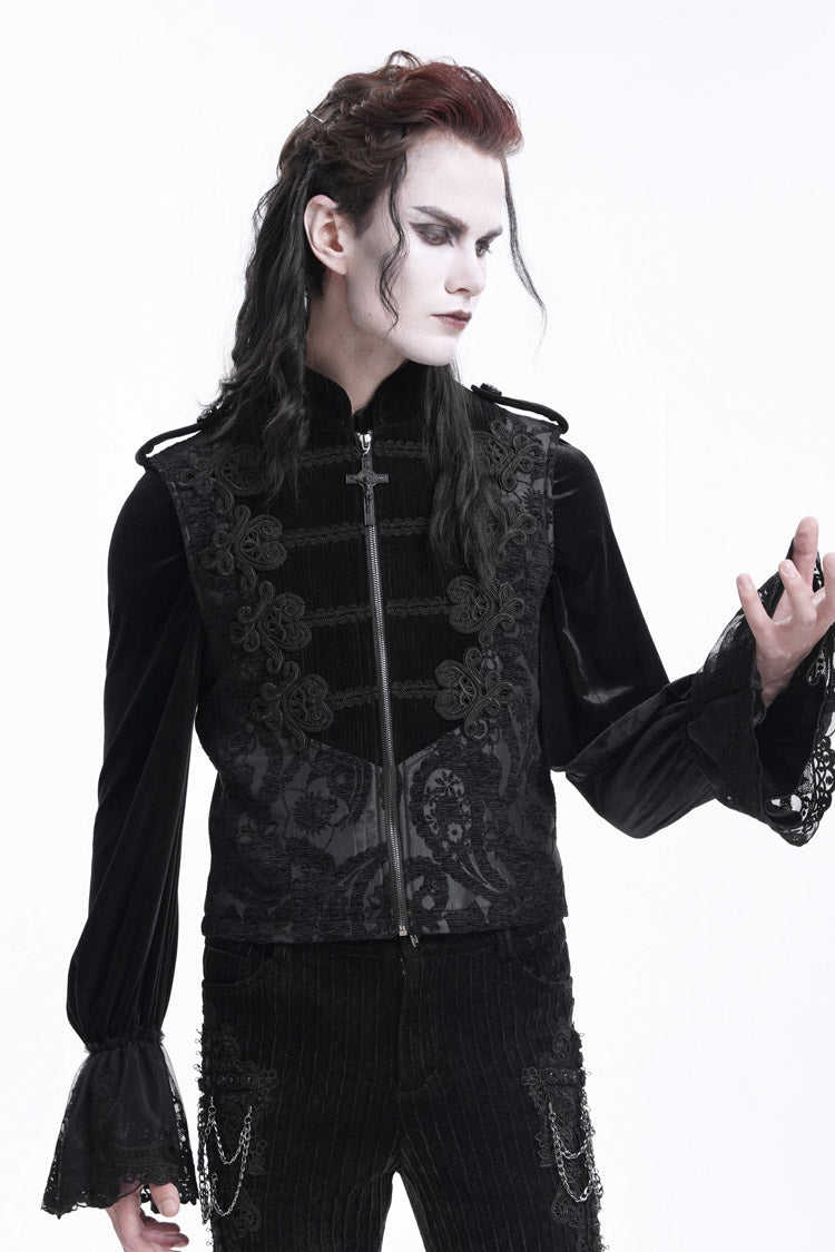 Black Stand Collar Sleeveless Floral Crochet Zipper Men's Gothic Vest - Product - 7