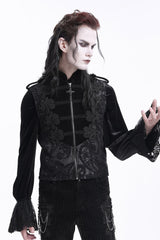Black Stand Collar Sleeveless Floral Crochet Zipper Men's Gothic Vest - Product - 7