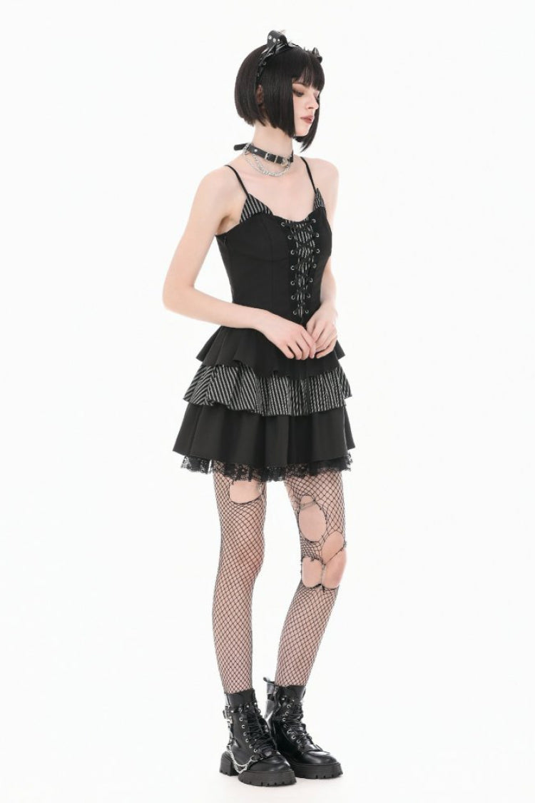 Black/White Contrast Stripes Lace-Up Multi-Layered Ruffled Hem Women's Gothic Slip Dress - Product - 8