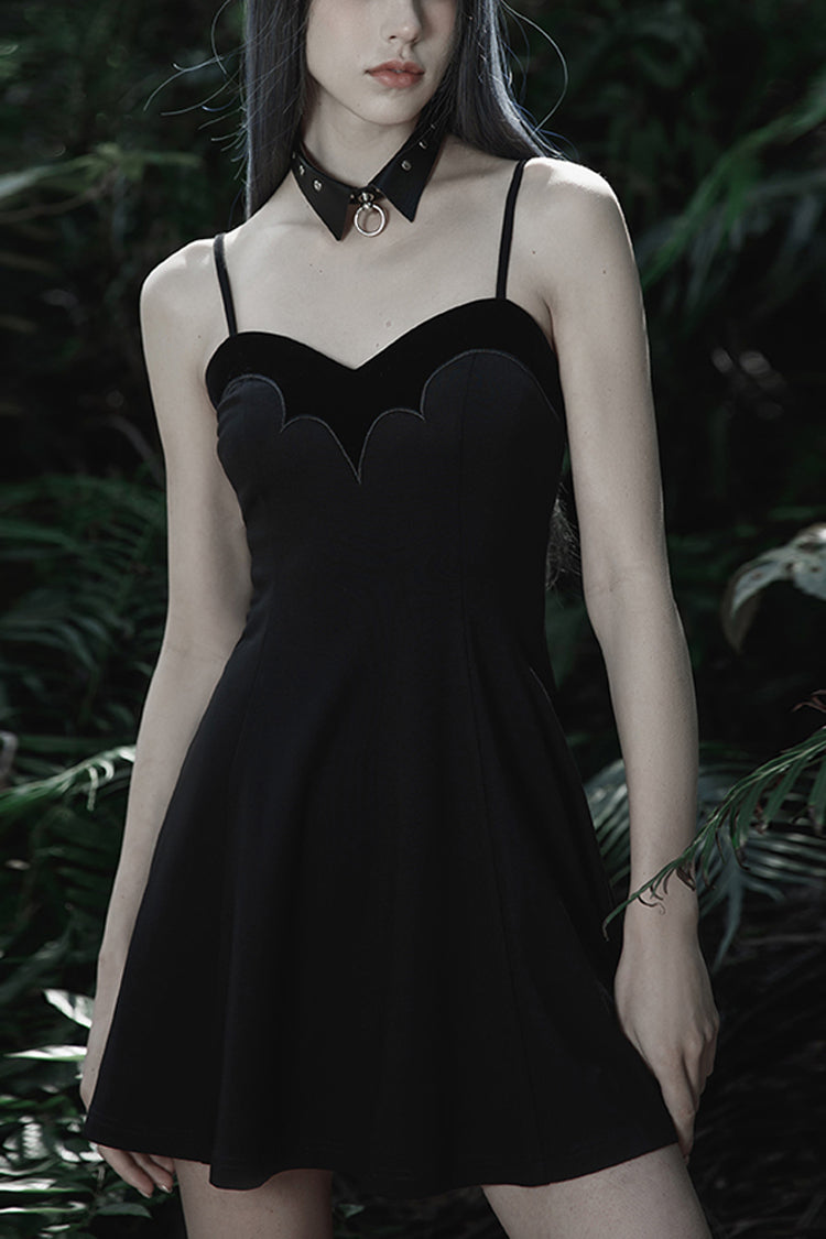Black Bat Fleece Embroidered Sun Gothic Suspender Women's Dress - Black - 1