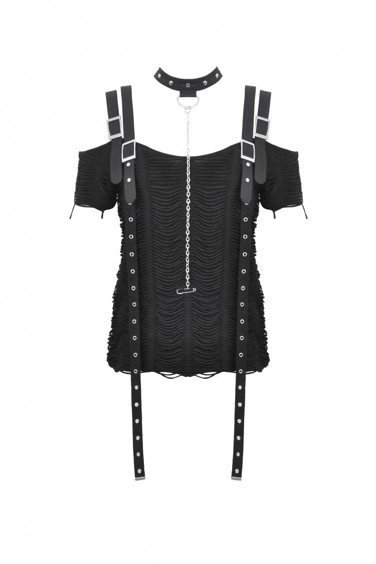Black Off Shoulder Short Sleeves Ripped Buckled Women's Gothic T-Shirt with Detachable Choker - Product - 3