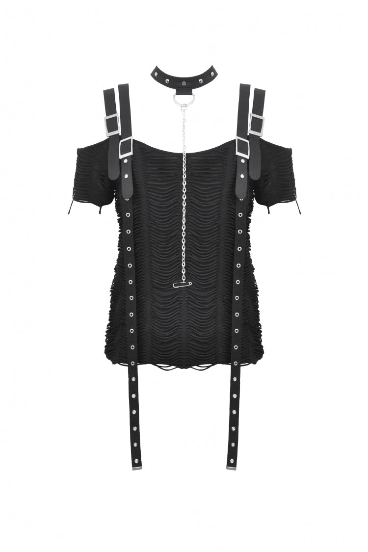 Black Off Shoulder Short Sleeves Ripped Buckled Women's Gothic T-Shirt with Detachable Choker - Product - 3