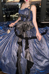 Blue [Galaxy of Fallen Tears] Sleeveless Glitter Series Ruffled Bow Asymmetric Sweet Lolita Jsk Dress - Product - 7