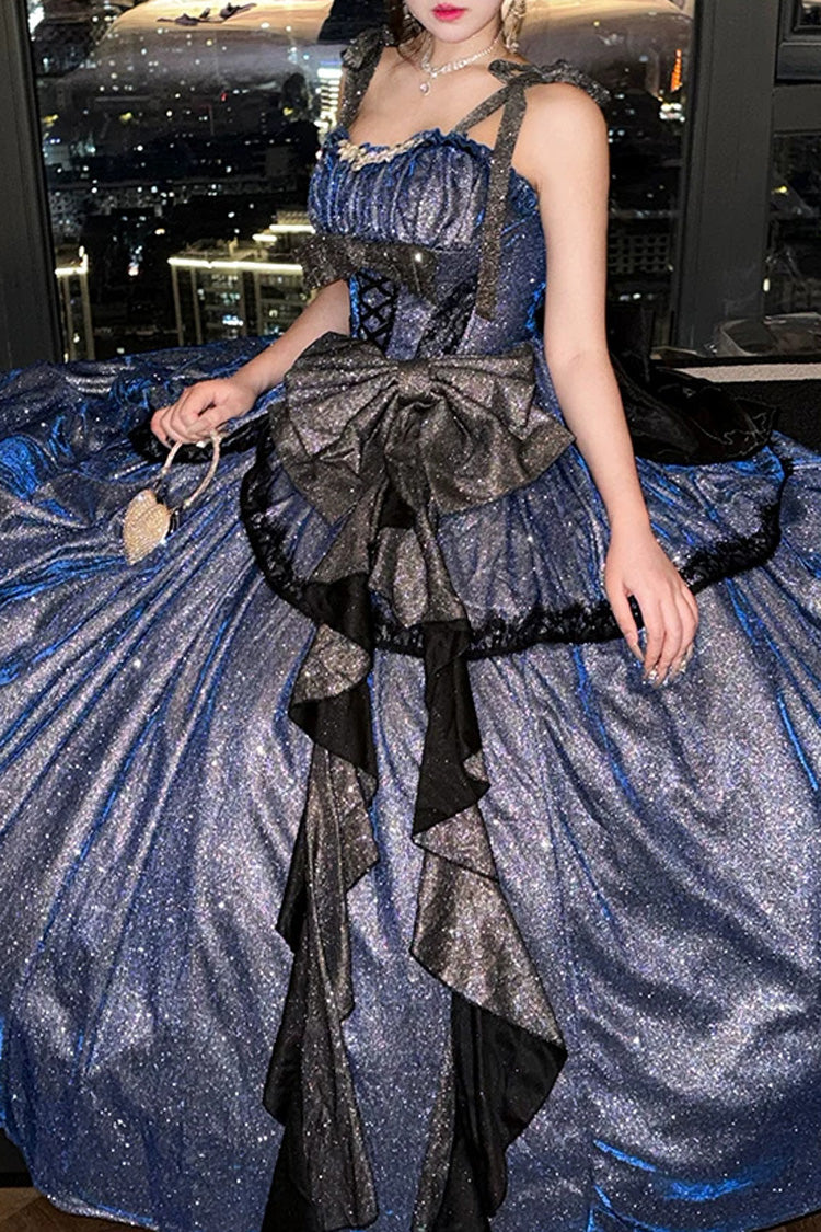 Blue [Galaxy of Fallen Tears] Sleeveless Glitter Series Ruffled Bow Asymmetric Sweet Lolita Jsk Dress - Product - 7