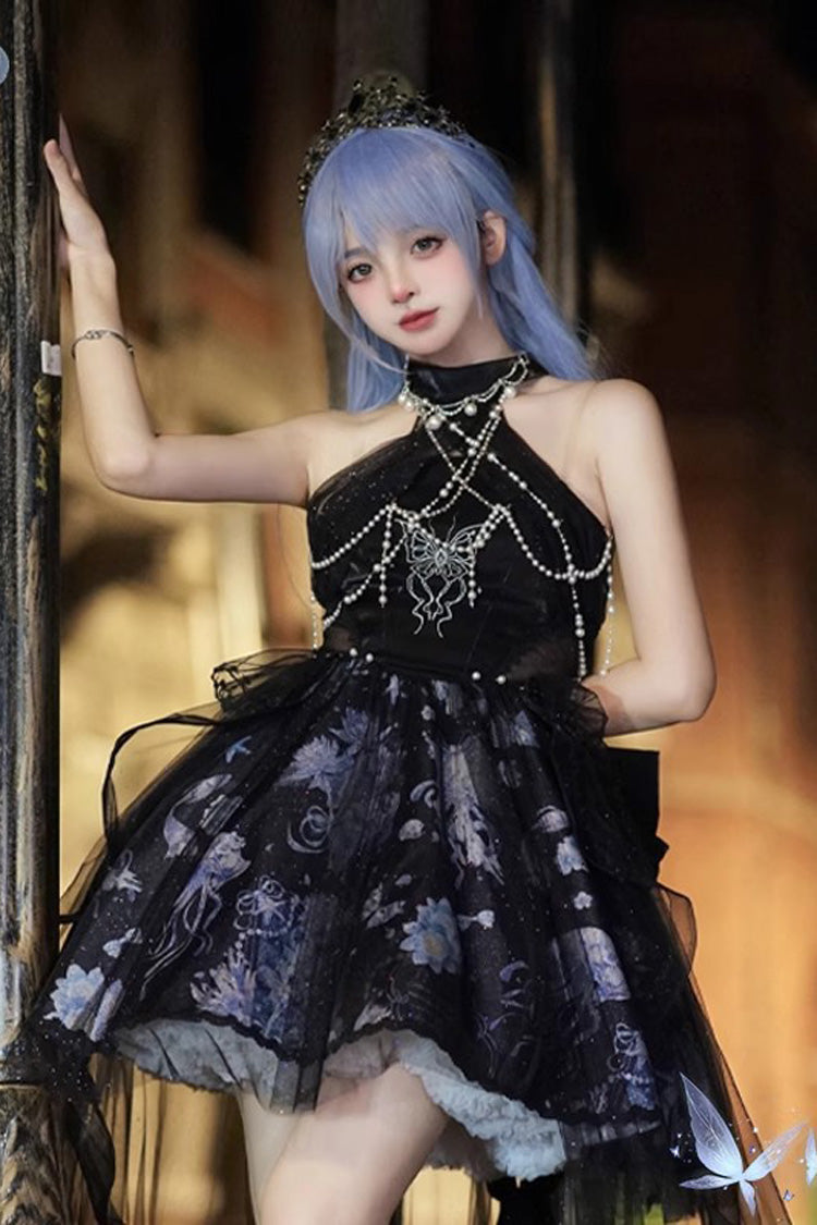 Blue [Deep Sea Jellyfish] Halterneck Sleeveless Print Embroidery Bowknot Lace Sweet Elegant Lolita Jsk Dress - Product - 5