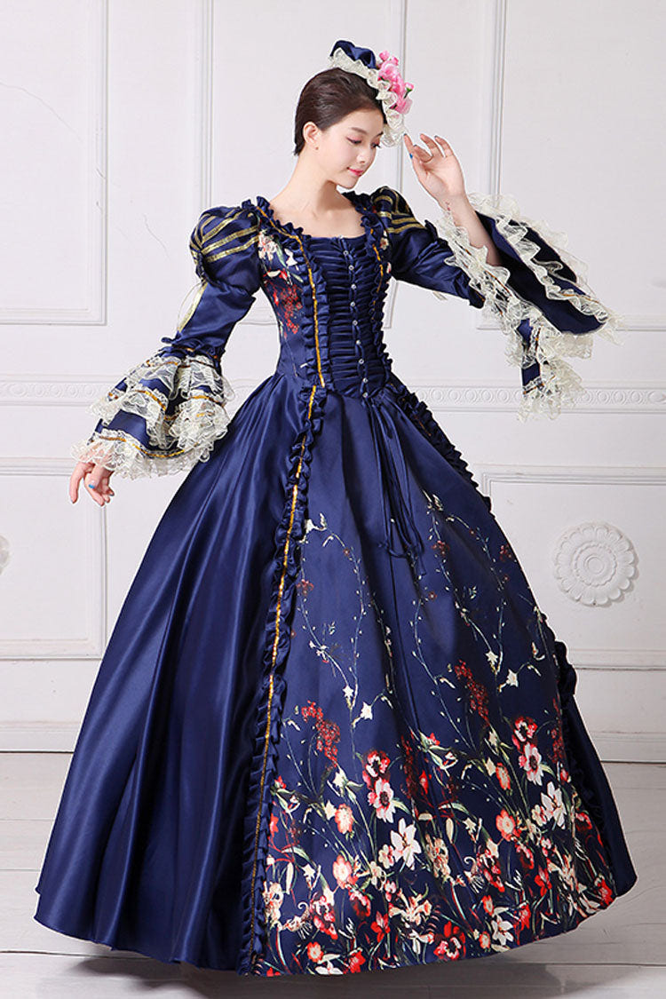 Half Sleeves Multi-Layer Trumpet Sleeves High Waisted Floral Print Victorian Lolita Prom Dress - Blue - 6