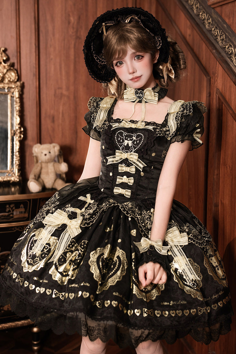 Black/Gold [Sugar Bear] Jacquard Ruffled Bow Lace Sweet Classic Lolita Dress 2 Versions - Product - 3