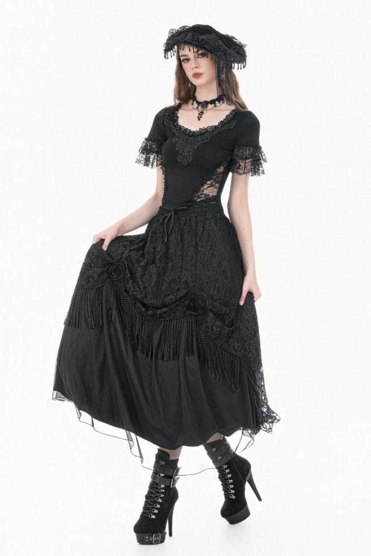 Black Women's Gothic Square Collar Double-Layered Lace Short Sleeves Embroidered Slim Fit Top - Product - 10