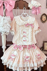 Pink [Candy Paradise] Doll Collar Short Sleeves Double-Layered Ruffled Bow Sweet Lolita OP Dress - Product - 3