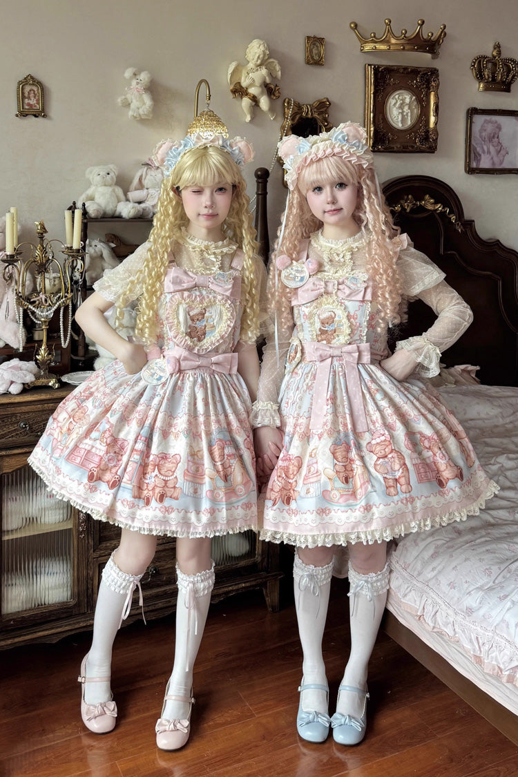 [Bear Anniversary Celebration] Sleeveless Printed Ruffled Bow Sweet Lolita Jsk Dress 2 Colors - Product - 3