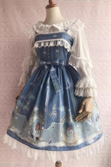 Blessing of Oriel Print Ruffle Bowknot Stitching Lace Sweet Lolita Jsk Dress 4 Colors - Sky Blue - 4