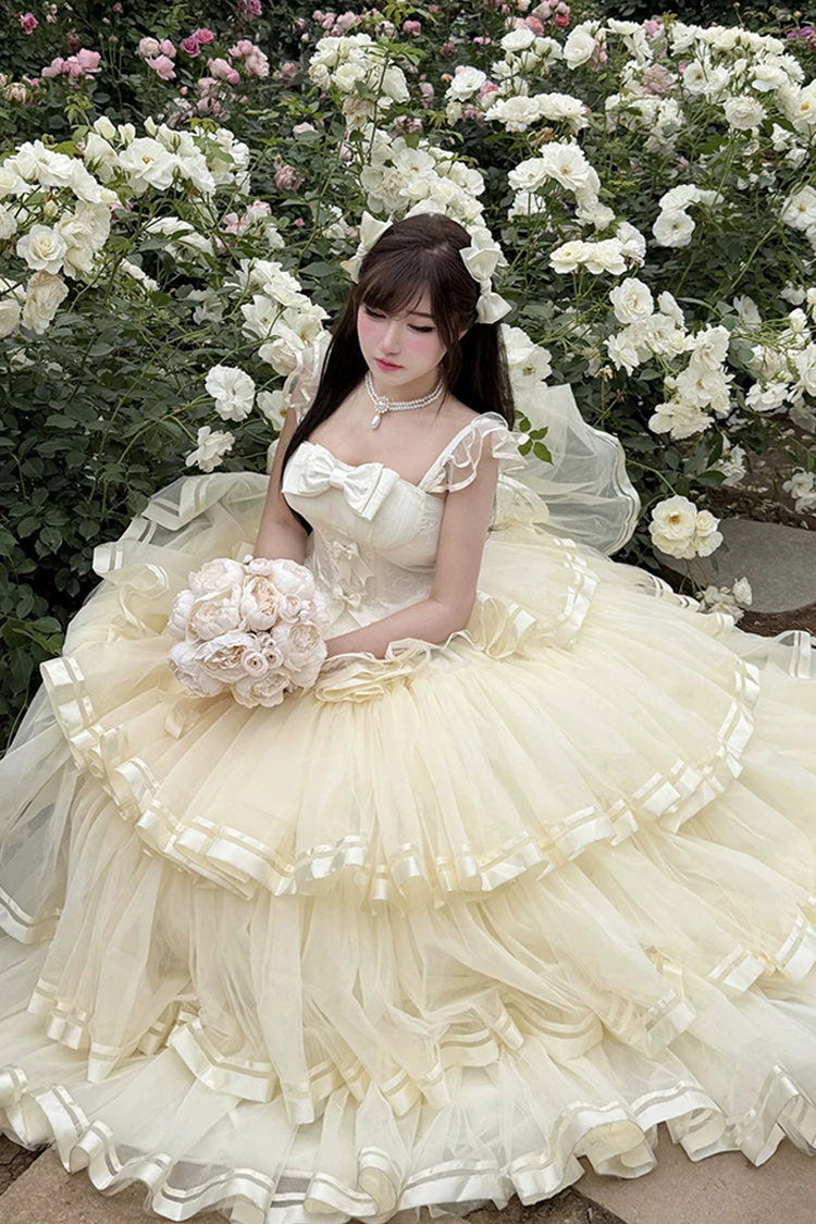 Apricot [Sweet Organza Satin] Sleeveless Multi-Layered Ruffled Hanayome Bow Lace Sweet Elegant Princess Lolita Jsk Dress - Product - 3