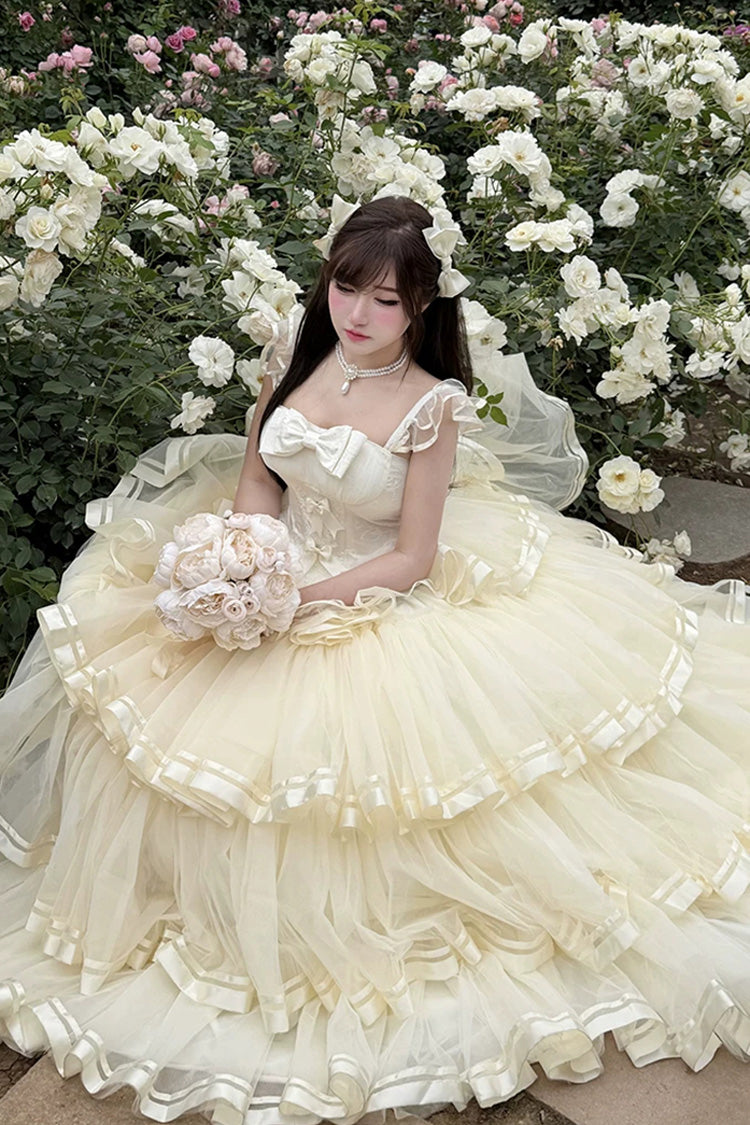 Apricot [Sweet Organza Satin] Sleeveless Multi-Layered Ruffled Hanayome Bow Lace Sweet Elegant Princess Lolita Jsk Dress - Product - 3