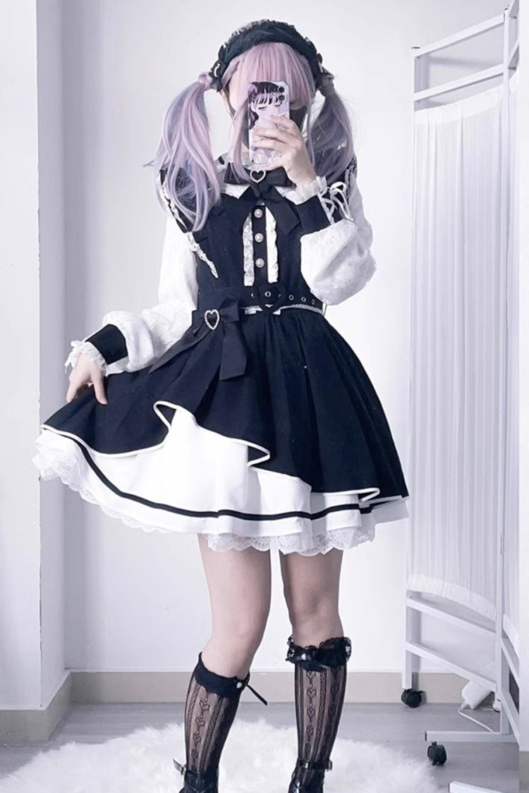 [Little Idol] Ruffle Bowknot Lace Irregular Asymmetric Jirai Kei Dress 6 Colors - Black/White - 7