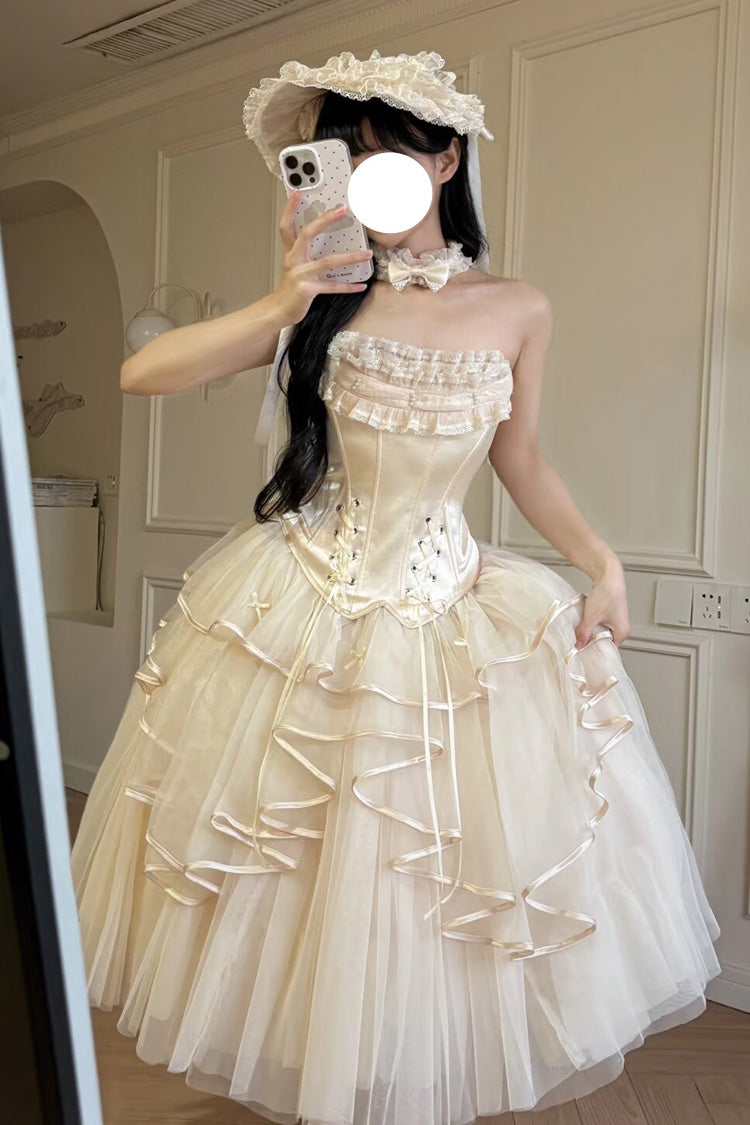 Ivory [The Summer Waves Sparkle] Square Collar Sleeveless Multi-Layered Ruffled Bow Lace-Up Slim Sweet Lolita Skirt Set - Product - 4