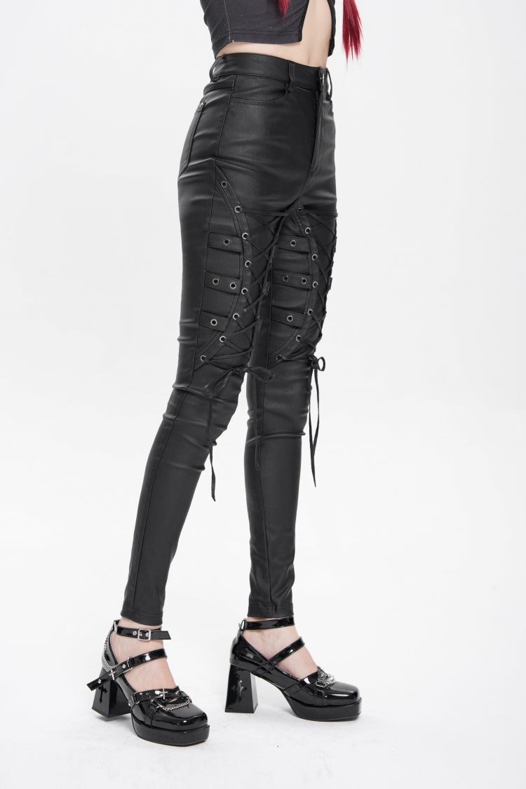Black Lace-Up Eyelet Straps Women's Punk Pants - Product - 4