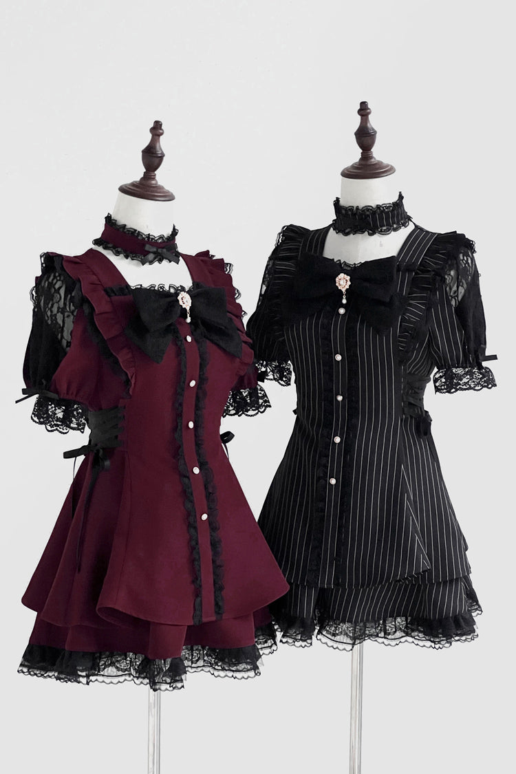 Black [Waltz] Short Sleeves Stripe Print Ruffle Bowknot Gothic Jirai Kei Japanese Dress Set - Product - 6