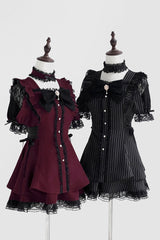 Black [Waltz] Short Sleeves Stripe Print Ruffle Bowknot Gothic Jirai Kei Japanese Dress Set - Product - 6