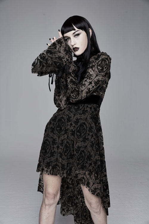 Black Floral Flocking Printed Long Sleeves Velvet With Tie Womens Gothic Dress - Product - 4