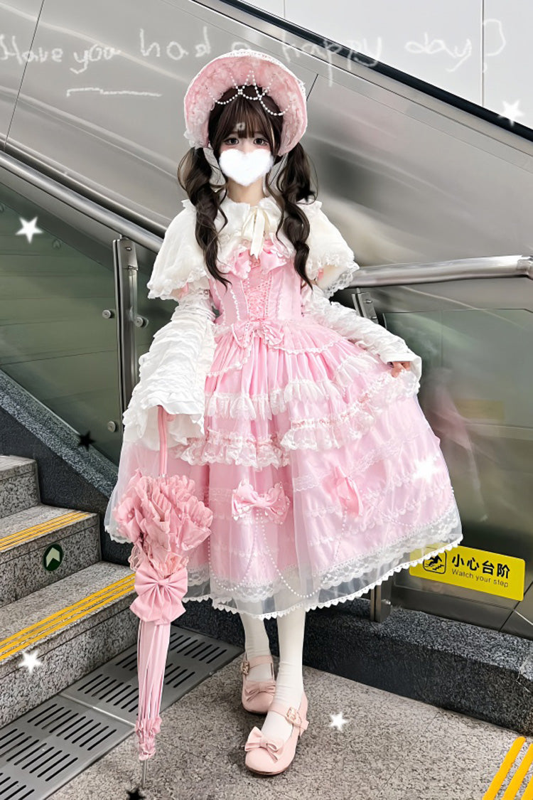 Showa Girl ärmelloses dreilagiges Rüschen-Schleifen-Spitze-Perlen-süßes japanisches JSK langes Kleid (Kleid einzeln) Detailansicht 4