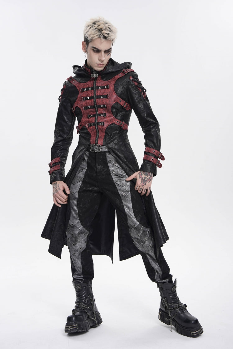 Black Stand Collar Long Sleeves Printed Spliced Studded Buckled Zippered Eyelet Men's Punk Cool Hooded Jacket - Product - 9
