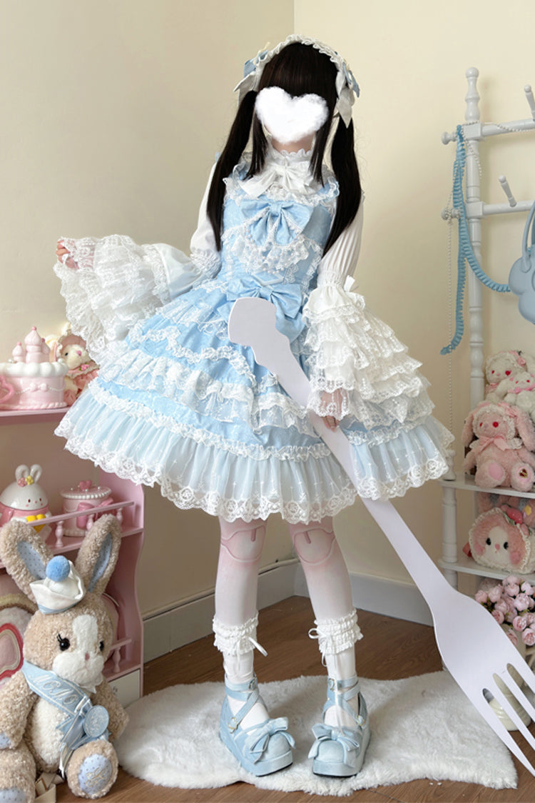 Blue [Love and Heart Flutter] Sleeveless Multi-Layered Ruffle Bowknot Lace Pearl Sweet Lolita Jsk Dress - Product - 2