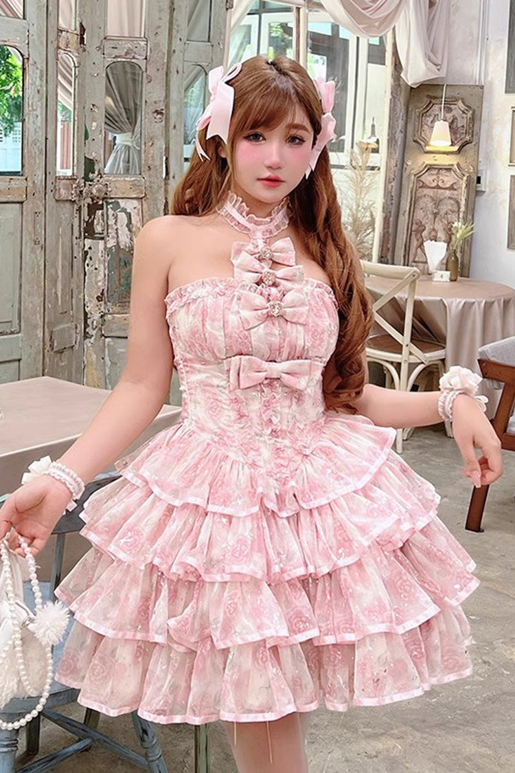 Pink [Broken Silver Rose] Halterneck Sleeveless Multi-Layered Ruffle Bowknot Sweet Princess Lolita Tiered Dress - Pink - 1