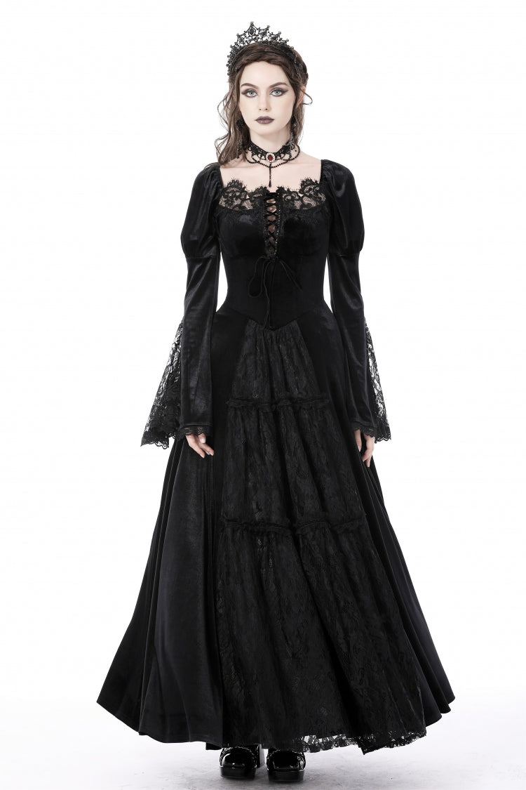 Black Long Puff Sleeves Spliced Lace Lace-Up Women's Gothic Vintage Velvet Wedding Dress - Product - 5