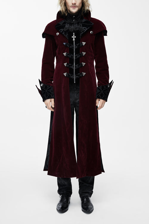 Western Fashion Gothic Shawl Collar Mens Long Velvet Coats - Red - 1
