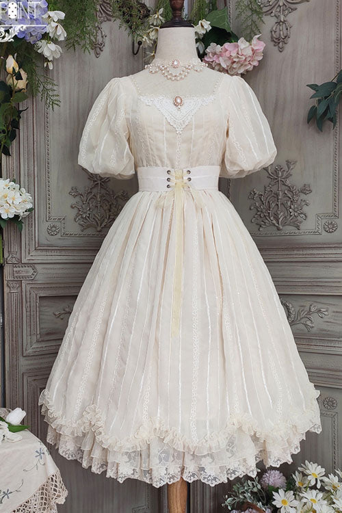 Ivory Elegant Vintage Square Collar Short Sleeves Multi-Layer Ruffled Classic Lolita OP Dress - Ivory - 1