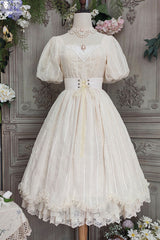 Ivory Elegant Vintage Square Collar Short Sleeves Multi-Layer Ruffled Classic Lolita OP Dress - Ivory - 1