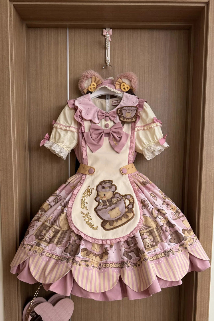 Pink [Teddy Bear Cookie] Strawberry Cream Puff Dessert Printed Bow Plus Size Sweet Lolita Dress Set 3 Versions - Product - 20