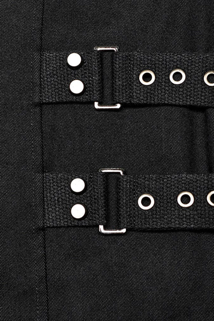 Black Stand Collar Side Waist Webbing Decorative Stitching Mens Steampunk Vest - Product - 7