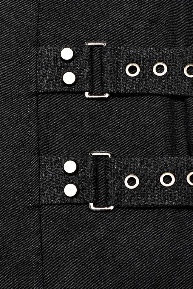 Black Stand Collar Side Waist Webbing Decorative Stitching Mens Steampunk Vest - Product - 7