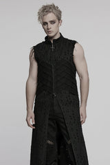 Black Stand Collar Sleeveless Cross Distressed Embroidery Men's Gothic Long Vest - Product - 2